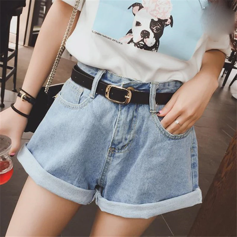 

Denim Vintage Light Blue Solid Fashion High Waist Simple New Arrival Loose Casual Female Shorts