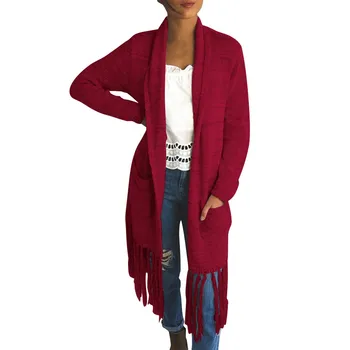 

Casual Long Sleeve Knitted Sweater Women Warm Winter Sweater Oversize Solid Pocket Loose Open Front Sweater Tassel Abrigo Mujer