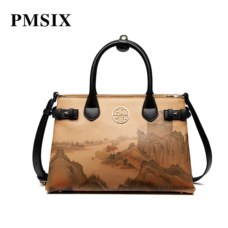

PMSIX Women's Tote Bag Large Capacity Printed Ladies Split Leather Handbag Luxury Female Shoulder Bag for Women