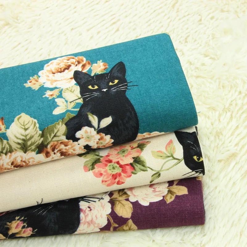 

Original Design Japanese Black Cat and Peonies Cotton Linen Fabric by Yard/(Width:43"/110cm)