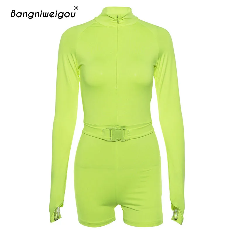 

Bangniweigou Candy Neon Color Zip Up Sporty Jumpsuit Women Fitness High Neck Belt Playsuit Long Sleeve Overalls 2019 Lime Green