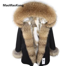 Модные женские с кроличьим мехом внутри с капюшоном длинное пальто парки верхняя одежда армейский зеленый большой енот меховой воротник зимняя куртка DHL