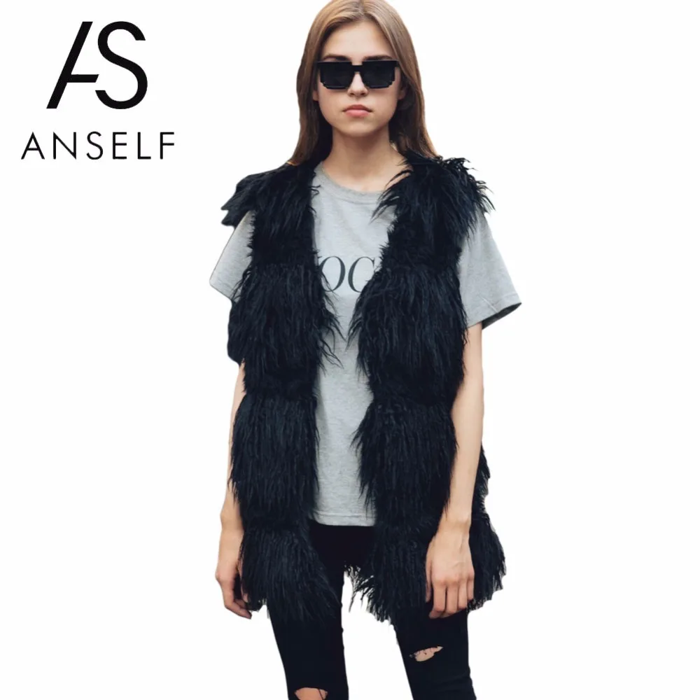 Anself Autumn Elegant Faux Fur Coat Women Fluffy Warm Long Fur Vest Female Outerwear Black Winter Coat Jacket Hairy Overcoat