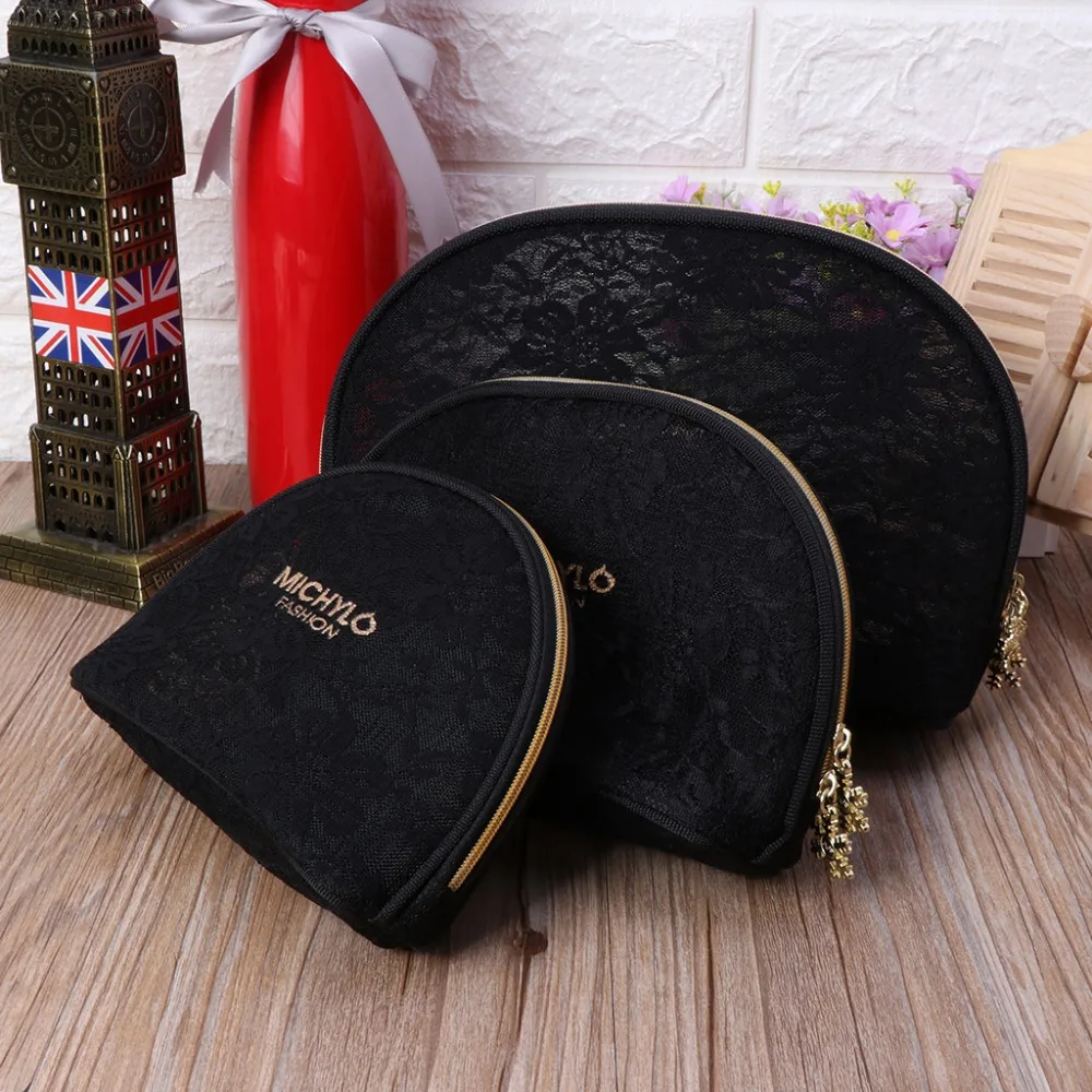 Women Ladies Black Lace Pencil Pen Case Cosmetic Makeup Bag Zipper