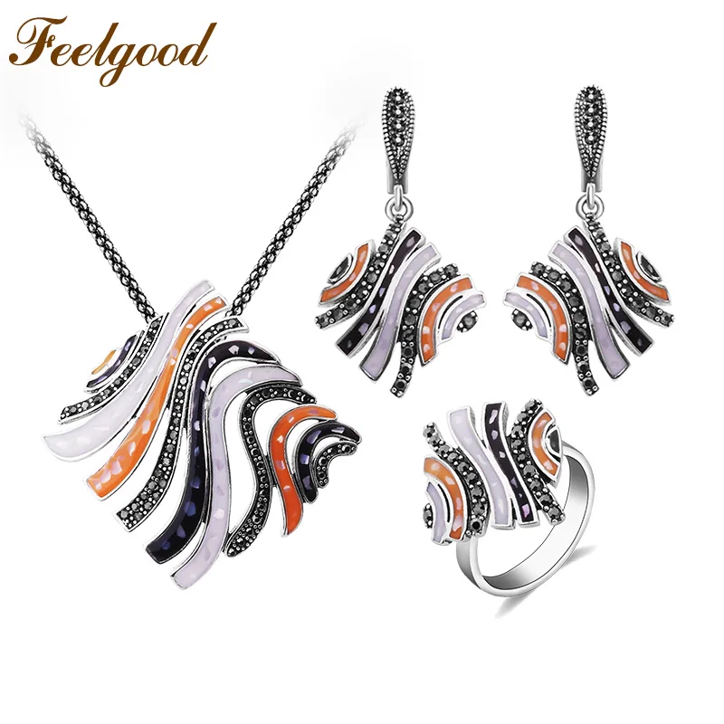 

Feelgood Summer Style Silver Color Copper Jewelry Set Multicolor Enamel And Black Rhinestone Big Statement Pendant Necklace Sets