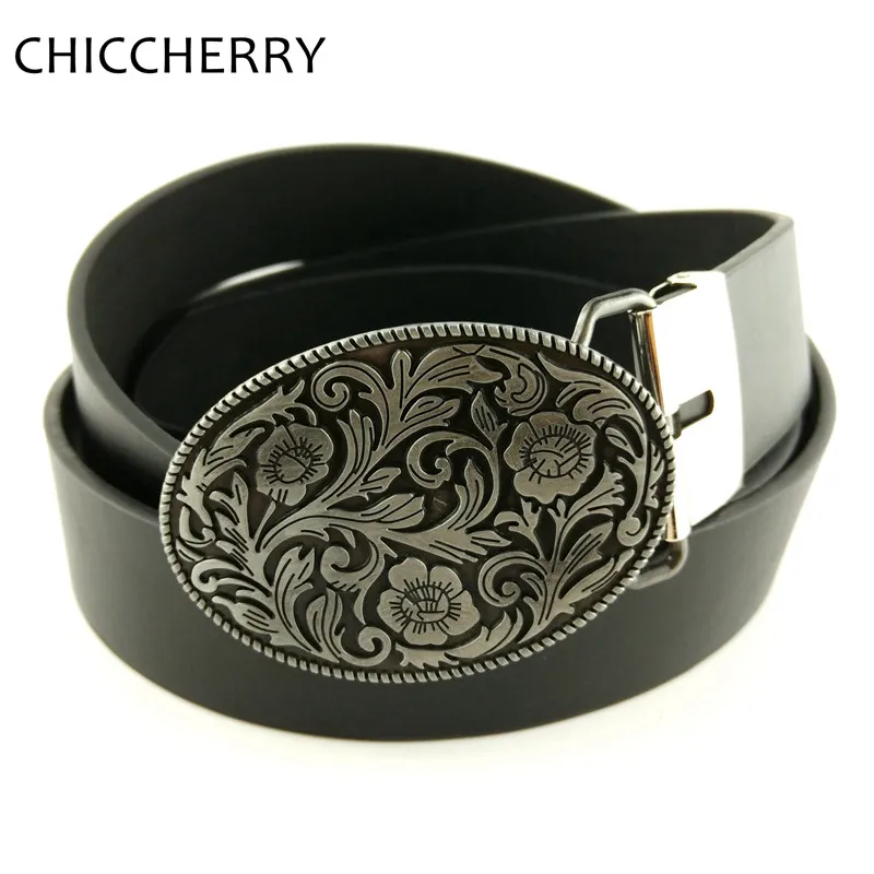 Unisex Retro Vintage Western Oval Metal Flower Belt Buckles Black PU