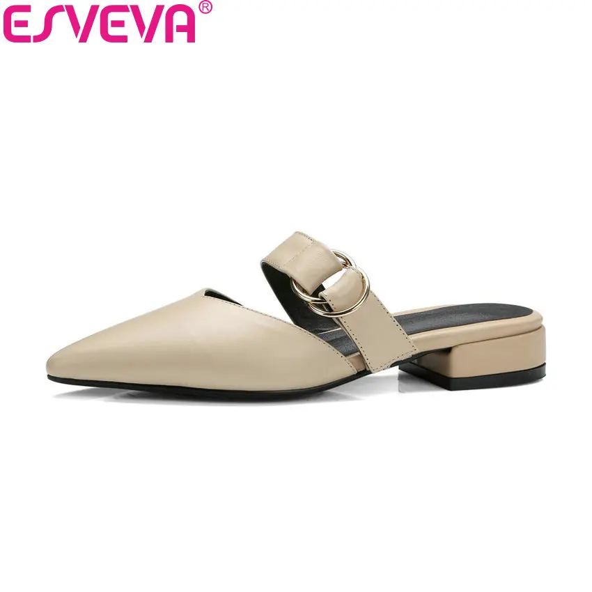 

ESVEVA 2018 Women Pumps Square Low Heels Buckle Pointed Toe Pumps Cow Leather PU Autumn and Spring Pumps Women Shoes Size 34-39