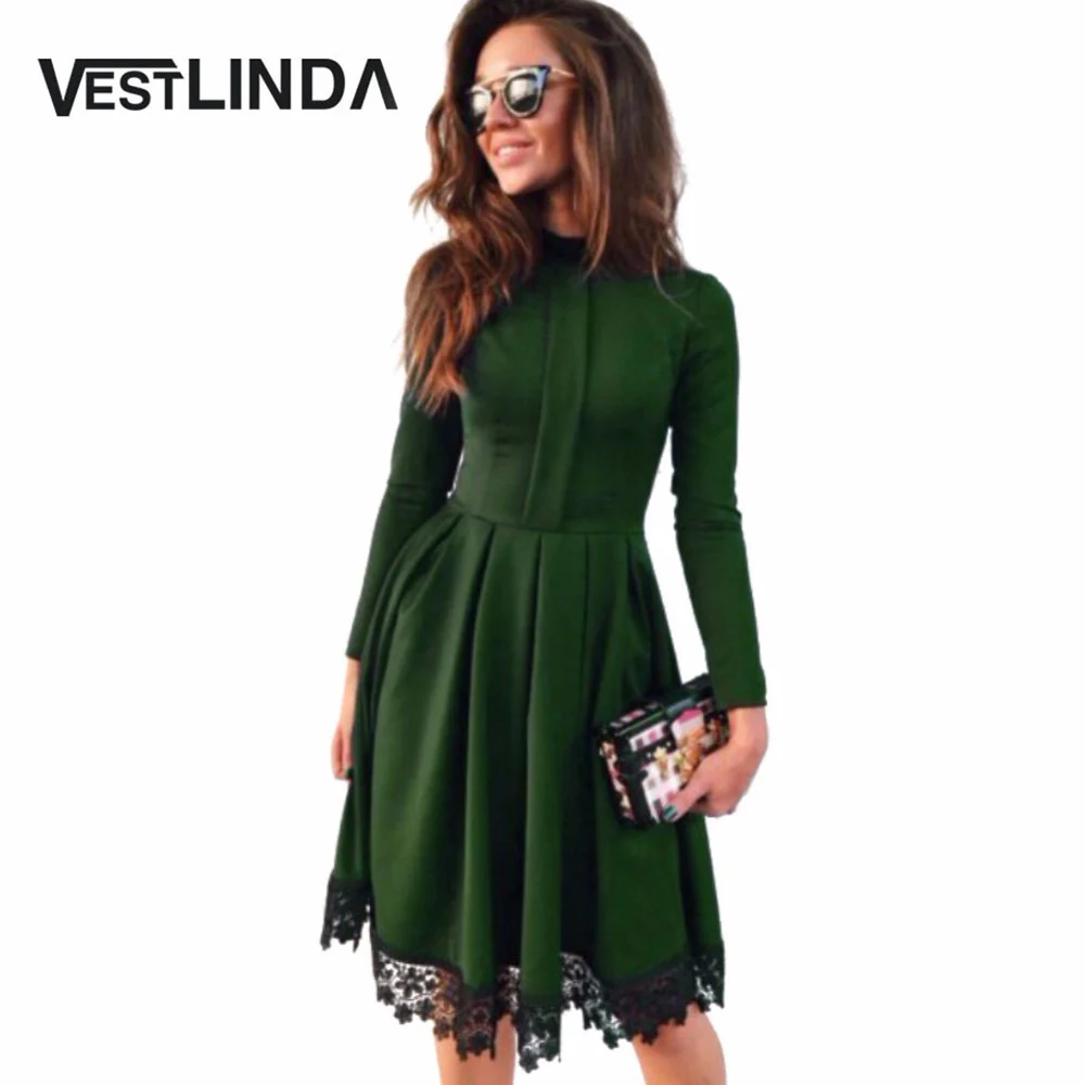 VESTLINDA Autumn Dress Women Party Dresses O Neck Long Sleeve A-Line Slim Vestido DE Festa Lace Spliced Sexy Dress Plus Size 1