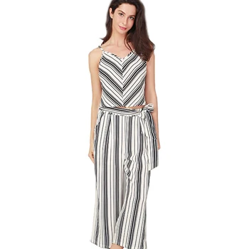 

Summer Two piece set Women Fashion Striped Printing Bow Belt Casual Crop Top Trouser Set 2018 Beach 2 piece set women Sexy cloth