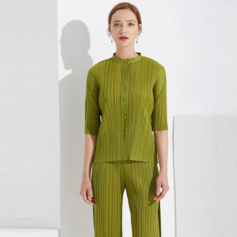 

LANMREM 2019 New Fashion Casual Temperament Woman Loose Plus Pleated Solid Color Round Neck Sleeve Shirt Shirt TC177