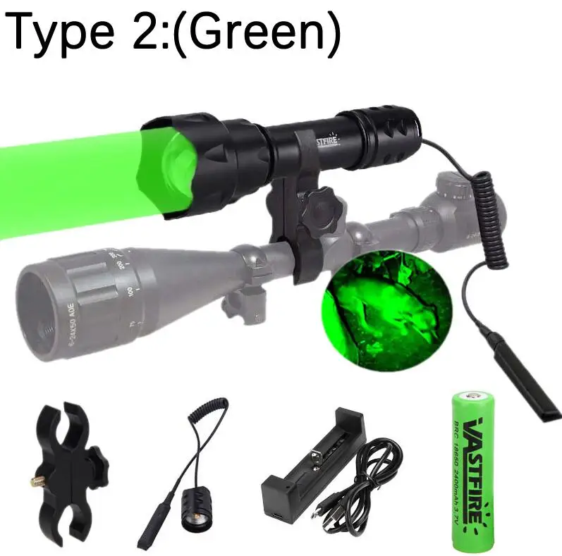 UF-T20 светильник-вспышка Linterna светодиодный фонарь светильник XPE R5 тактический Алюминиевый охотничий светильник-вспышка+ 18650+ зарядное устройство+ крепление для винтовки - Испускаемый цвет: Type 2 (green)