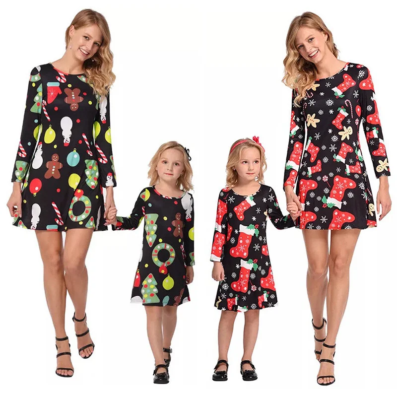 

2018 Family Matching Outfits Christmas Dress Snowflake Stockings Printed Casual Parent-child Outfit Long Sleeve Matching Clothes
