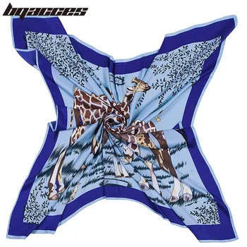 

[BQACCES] New Bandana Silk Square Scarf Women Cartoon Giraff Print Twill Silk Scarves Thin Fashion Headband Shawl Wrap 130*130cm