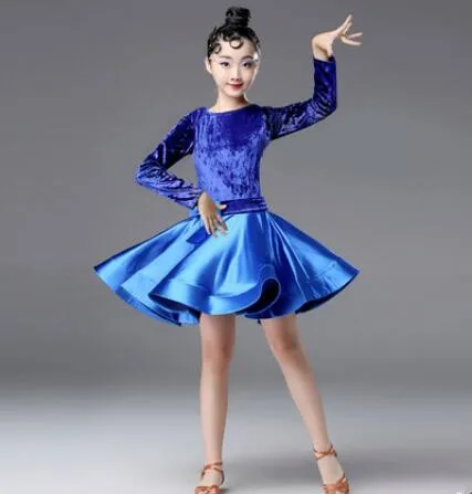Детское платье для латинских танцев; бархатные костюмы с длинными рукавами для латинских танцев; Детские платья для латинских танцев - Цвет: Синий