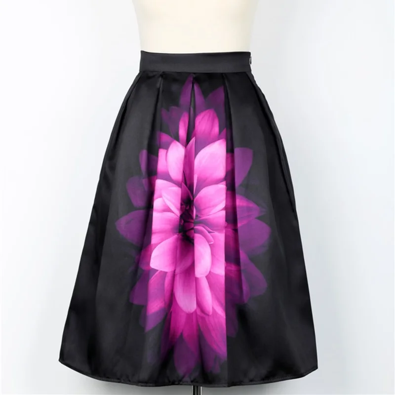 Весна Осень Одри Хепберн Винтаж Ретро фантазия фиолетовый цветок цветочный принт Высокая талия плиссированная юбка миди черная Saias - Цвет: Black Women Skirts