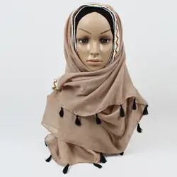 Лидер продаж Новый Чистый цвет кисточки хлопок длинные платки мусульманские головной обруч глушитель Хиджаб Wrap Осень шарфы/шарф cx006