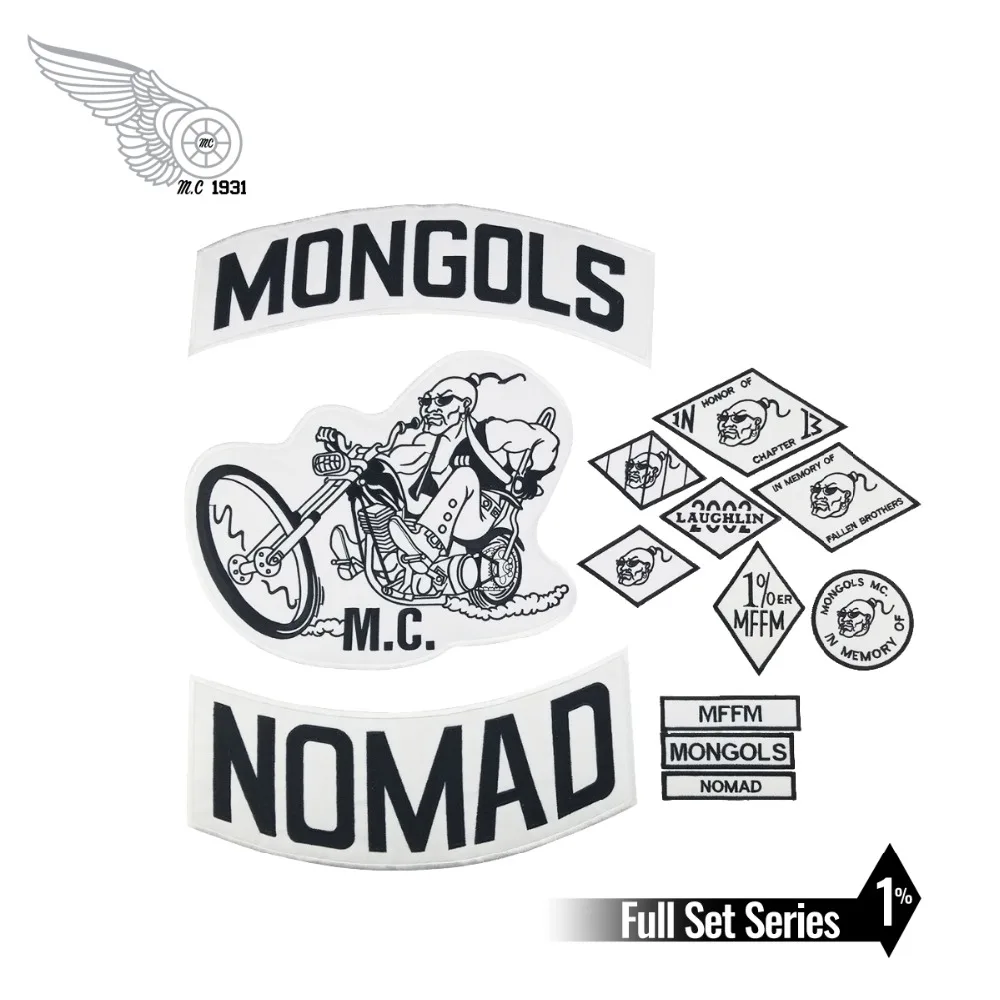 

13PCS/ A SET MONGOLS NOMAD MC Biker Vest Embroidered Patch 1% MFFM IN Memory Iron On Full Back of Jacket Motorcyle Patch