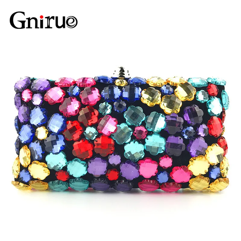 

Fashion Colorful Flower Acrylic Clutch Bag Handmade Rhinestone Decal Evening Bags Beaded Women Shoulder Bag Party Handbags Purse