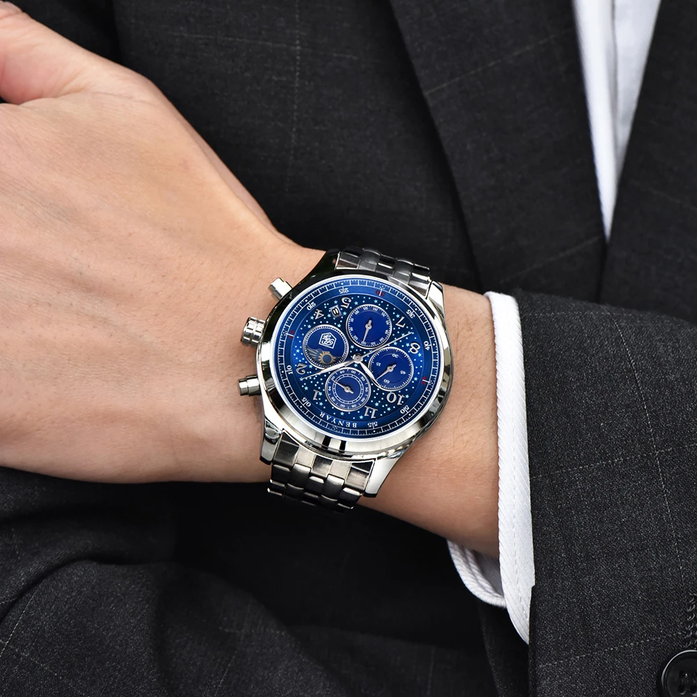 Новые Benyar мужские часы moon phase кварцевые роскошные полностью из нержавеющей стали