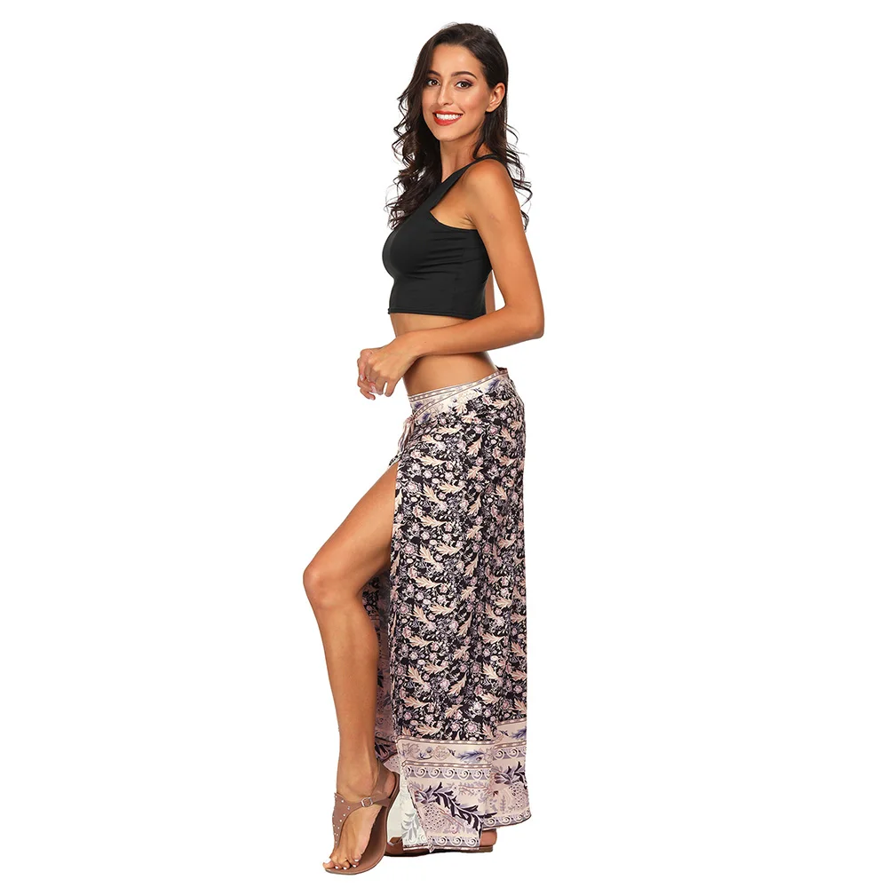 

Indian Thailand 3D Print Floral Pattern Print Women Bandage Wide Leg High Split Summer Spring Elastic Waist Long Loose Trousers