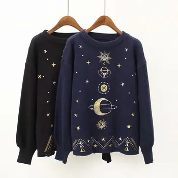 

Harajuku Sweater Women Chic Moon Star Embroidery Knitting Pullover Loose Casual Warm Tops Sweaters Mujer Winter Outwear