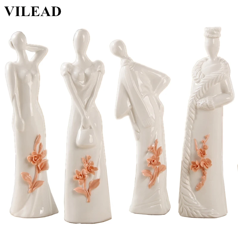 

VILEAD 4 Seasons White Ceramic Chinese Lady Figurines Spring Summer Autumn Winter Woman Statue Model for Office Home Decoration