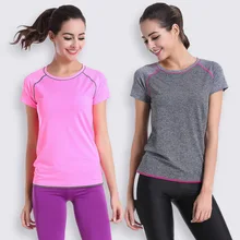 2015 Women Fitness Sports Running Shirt Workout Bodybuilding Quick Dry Tops Jogging Gym Tees Female Summer Clothes Run T-shirt