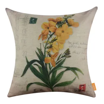 

LINKWELL 18x18 inches Pillow Case Burlap Cushion Cover Retro Plant Yellow Flower Spring Decoration Green Leaf French Country