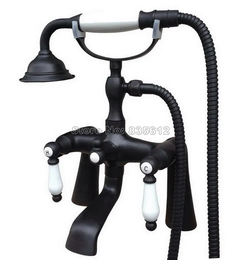 

Black Oil Rubbed Bronze Deck Mounted Bathroom Telephone Style Handheld Shower Head Faucet Dual Handles Bathtub Mixer Tap Wtf504