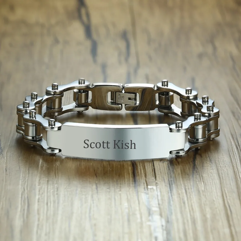 

Personalized Bike Bracelet for Men Jewelry Stainless Steel ID Tag Plate Heavy Bicycle Motorcycle Chain Link Brackelts 8.2 inch