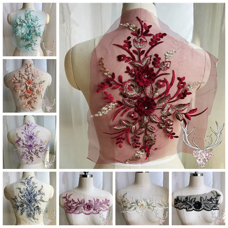 Flower Bead Patch Embroidery Lace Iron Sew on Applique Bridal Costume Dress DIY 