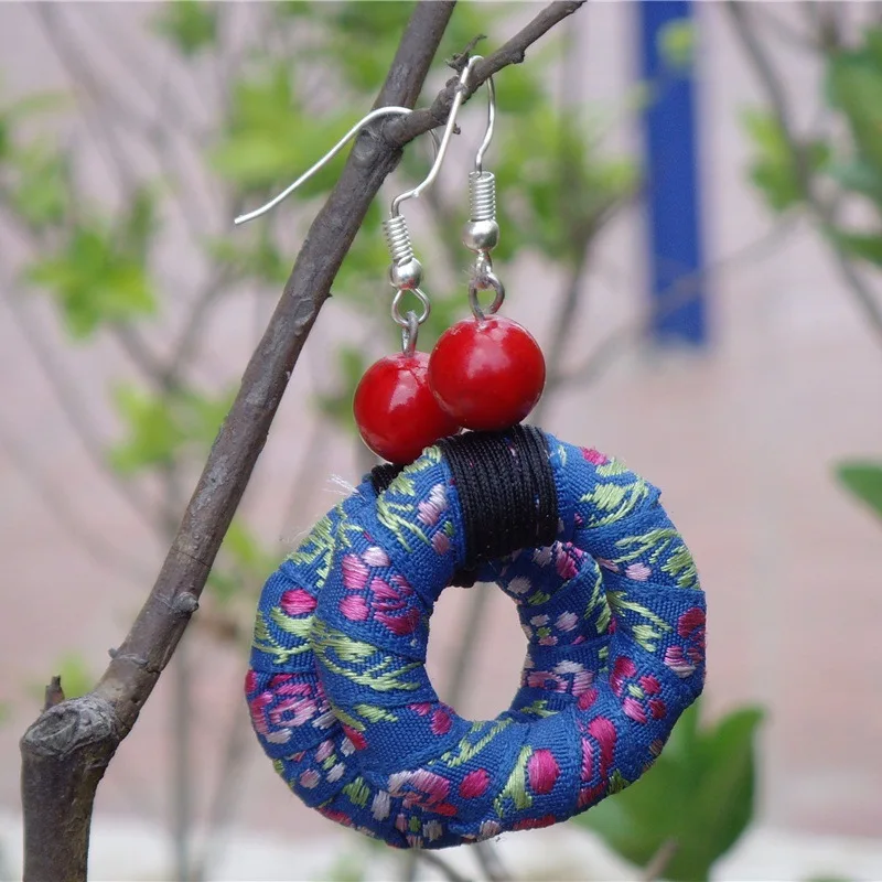 

Blue Silk Ribbon Earrings Ethnic Style Round Female Earrings Original Design Retro Style Chinese Ethnic Jewelry Free Shipping