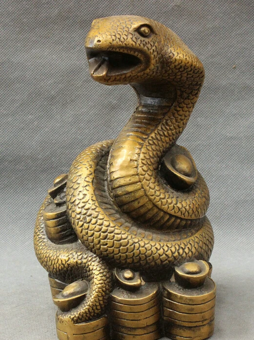 

8" Chinese Bronze Year Zodiac Wealth YuanBao Coin Snake Head Statue Sculpture