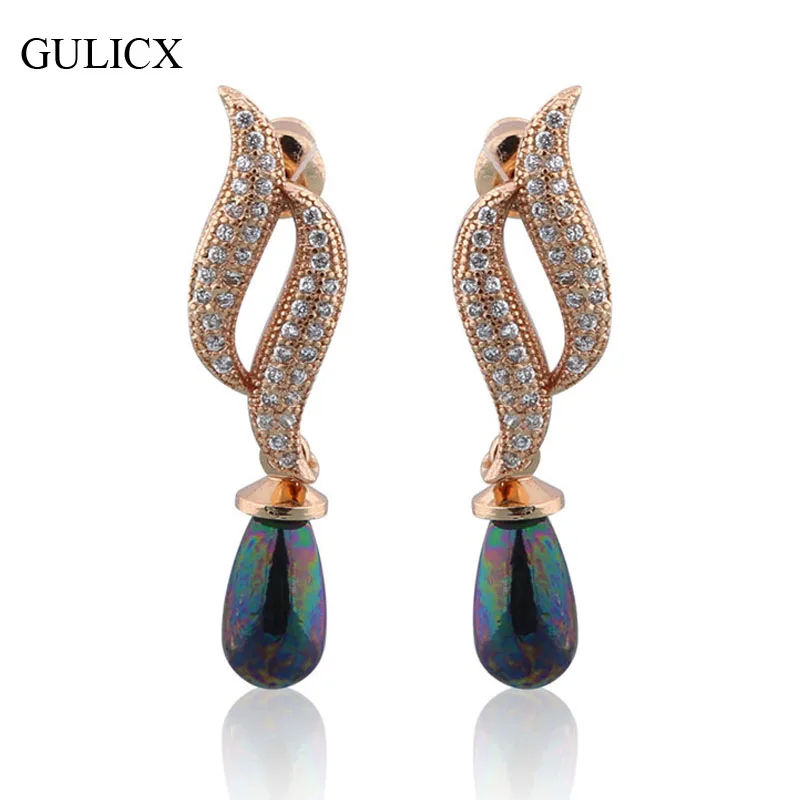 

GULICX 2017 Black Pearl Twisted Long Earring for Women Gold-color Stud Earrings Wedding Swirls Crystal Wedding Jewelry E522