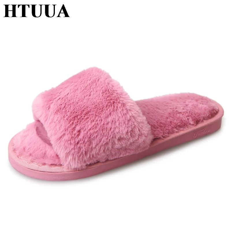 

HTUUA Autumn Winter Women Home Slippers Outdoor and indoor Bedroom House Solid Soft Bottom Plush Warm Fur Slippers Flats SX475