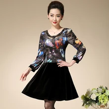 2016 Vintage Prints Fashion Slim Plus Size Mother Clothes High Diamonds O-neck Lantern Sleeve A-line Middle Aged Women Dress