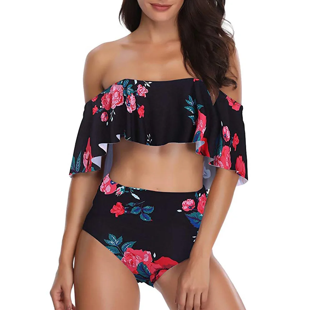 

2019 Summer Bathing Suit Fashion Tankini Set Women Swimwear High Waist off shoulder Frill Beach Swimsuit #D