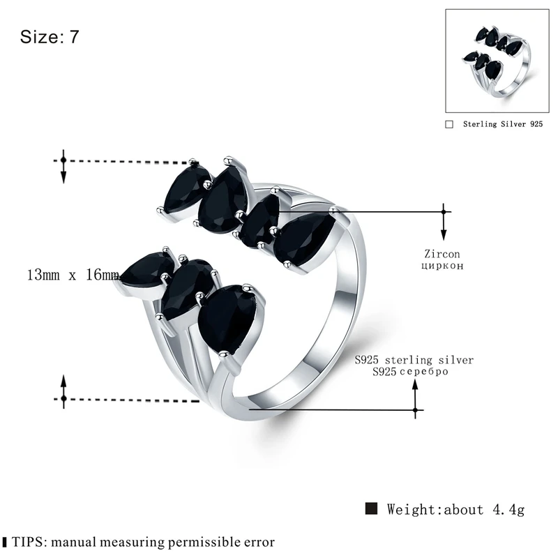 BLACK AWN Настоящее 925 пробы Серебряное кольцо черная шпинель лист открытые Элегантные кольца для женщин ювелирные изделия из стерлингового серебра G030