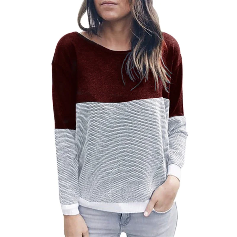 Женский лоскутный выдалбливающий вязаный свитер, пуловер с открытой спиной и длинным рукавом, Двусторонняя одежда для осени и зимы размера плюс - Цвет: wine red