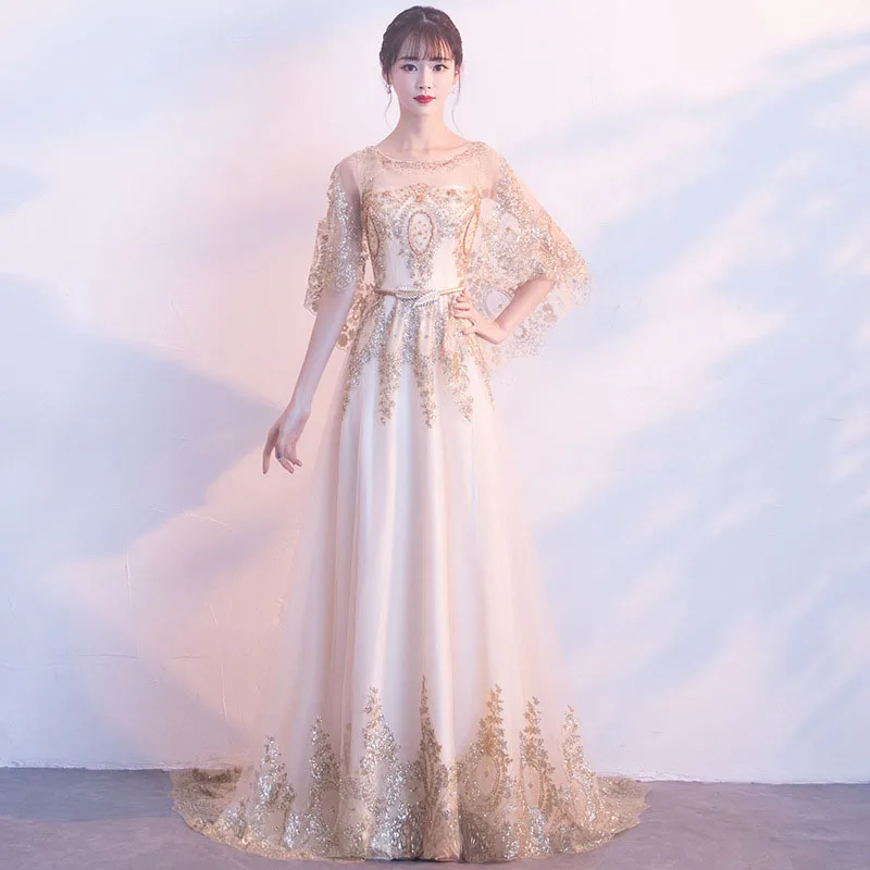 

Sequins Elegant Celebrity Dresses Women Mesh Wrap Dress Perlen Kleid Shawl Sleeve Vestidos De Festa Longo Belt Evening Gown