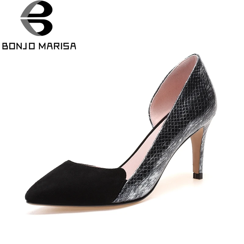 

BONJOMARISA 2018 Cow Genuine Leather Summer Black Patchwork Pumps Shoes Women Thin High Heels Pointed Toe Woman Shoes