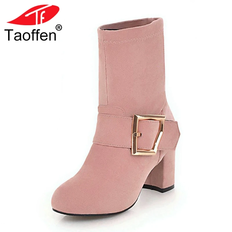 

TAOFFEN 4 Colors Size 31-43 Women's Boots Metal Buckle Sock Boots Fur Winter Mid Calf Boots Fashion Sweet Warm Woman Shoes