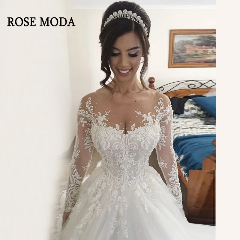 

Rose Moda Long Sleeves Princess Wedding Dress 2019 Lace Wedding Dresses with Pearls Custom Make
