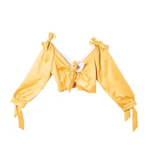 Европейская и амриканская Сексуальная укороченная футболка с глубоким v-образным вырезом и длинными рукавами спереди, со шнуровкой на плечах, с бантом, дизайнерское женское с буфами, топ с рукавами, футболка