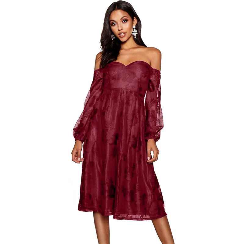 

New Elegant Dress Women Long Sleeve Sexy Dresses Bardot Embroidered Gauze Off Shoulder Party Dress Vestidos de Festa