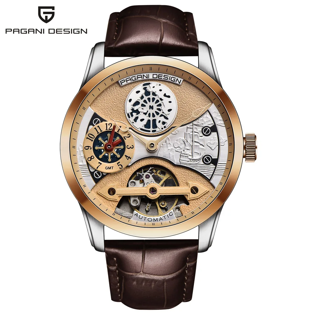 Мужские автоматические механические наручные часы PAGANI Дизайн Топ люксовый бренд Мужские часы водонепроницаемый кожаный ремешок стальные колеса циферблат часы - Цвет: Brown gold
