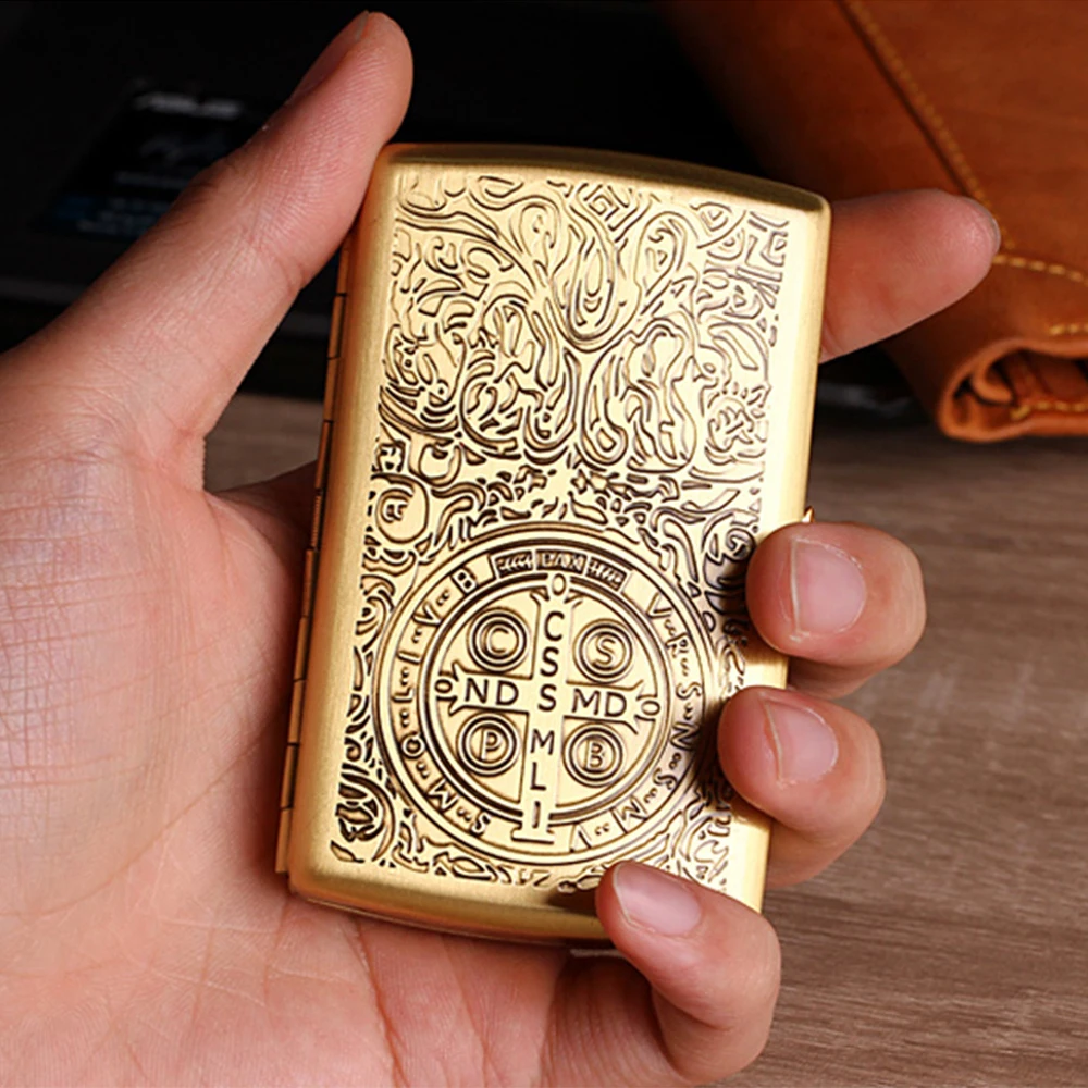 

TEAM PISTOL Pure Brass Constantine Cigarette Case Can Hold 12 Pcs Regular Size Cigarettes Metal Men Cigarette Box with Clips