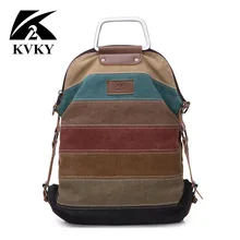 KVKY Ethnic Rainbow Women's Canvas Backpack Ladies Striped Multifunction Patchwork Rucksack Crossbody School Bolsas Mochila B842