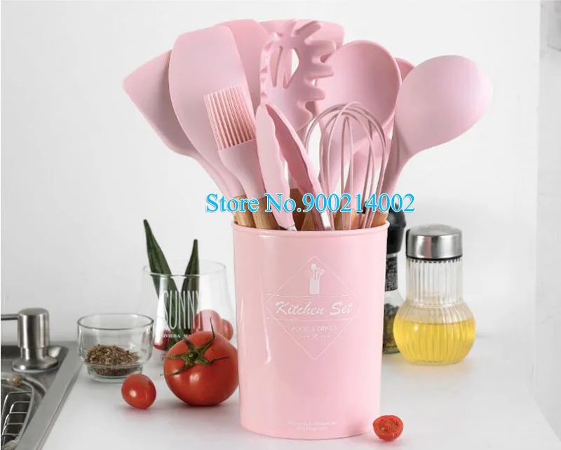 

12pcs Pink Silicone Cooking Tools Set With Storage Box Kitchen Cooking Utensils Set Household Wooden Handle Spatula Soup Spoon