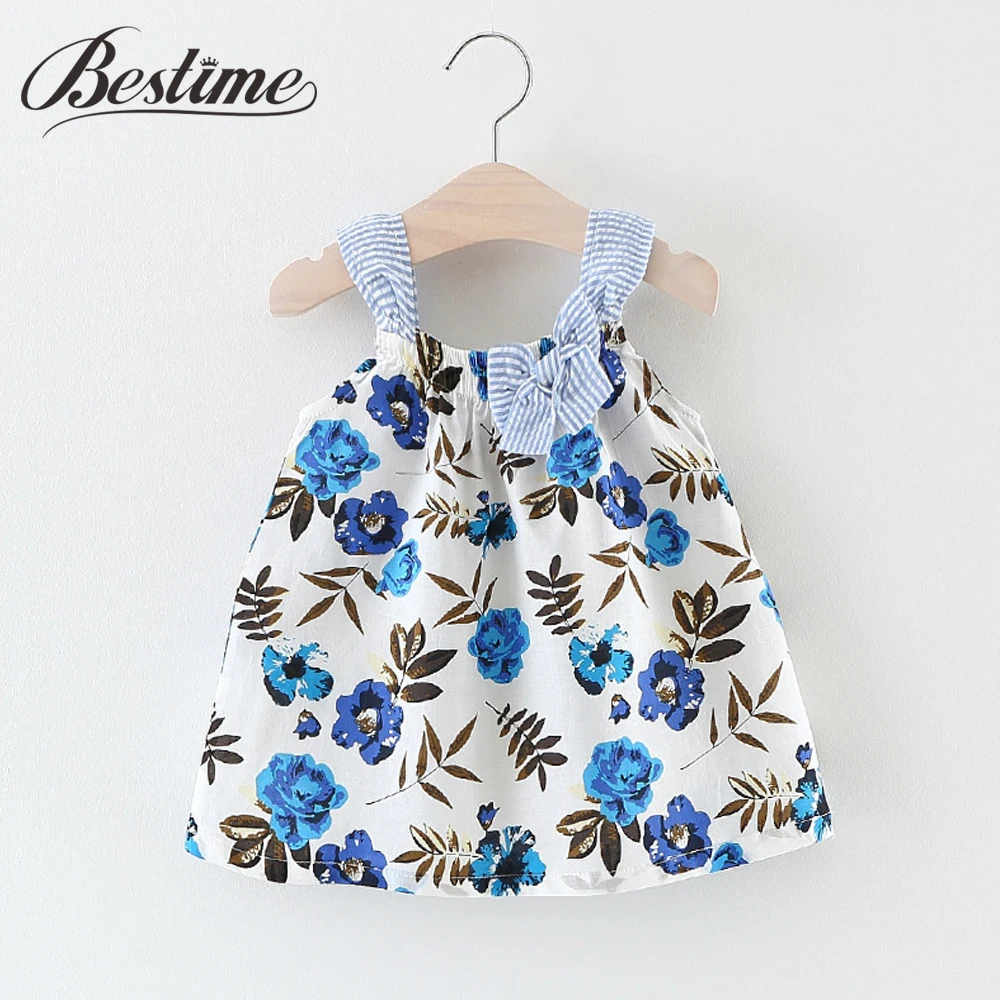 2017 Summer Baby Dress Infant Girls Dresses Blue Flower Print Cotton